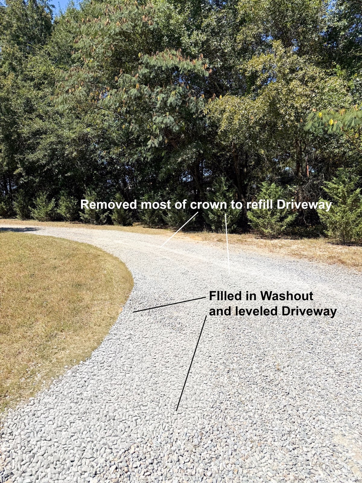 After gravel driveway repair with washout filled and driveway leveled